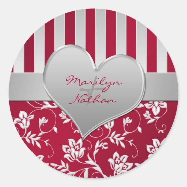 Rotes und Silberes Herz 1,5", runder Hochzeitstick Aufkleber (Vorderseite)