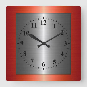 Rotes und silbernes Edelstahl-Metall Quadratische Wanduhr
