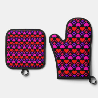 Rotes und violettes Herz und Paw-Design Ofenhandschuh & Topflappen-Set