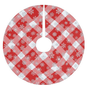 Rotes und Weißes Buffalo Kariert mit Schneeflocken Polyester Weihnachtsbaumdecke
