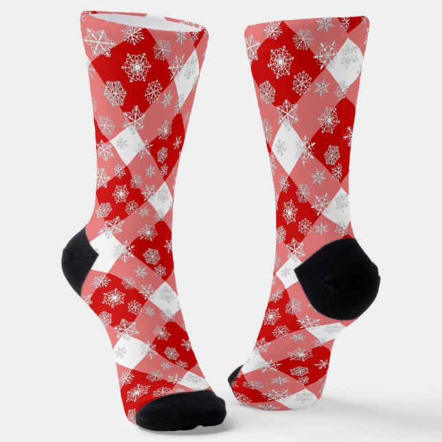 Rotes und Weißes Buffalo Kariert mit Schneeflocken Socken (Gewinkelt)