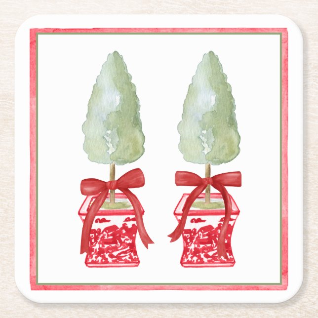 Rotes und weißes Chinoiserie Topiary Rechteckiger Pappuntersetzer (Vorderseite)
