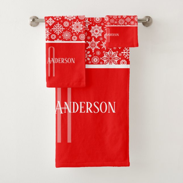 ROTES UND WEISSES CHRISTAMS-SCHNEEFLACHMONOGRAMM BADHANDTUCH SET (Insitu)
