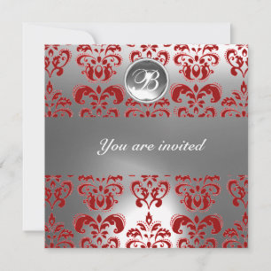 ROTES UND WEISSES DAMASK GEM STONE MONOGRAM EINLADUNG