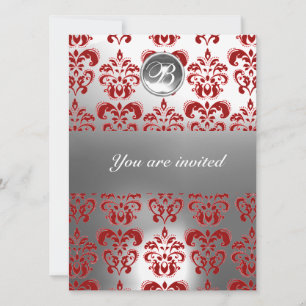ROTES UND WEISSES DAMASK GEM STONE MONOGRAM EINLADUNG
