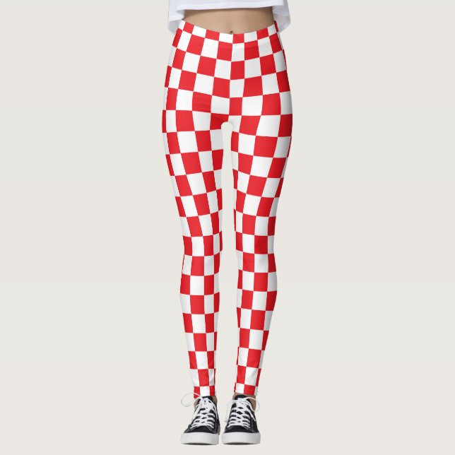 Rotes und weißes eckiges Quadrat-Muster Leggings (Vorderseite)