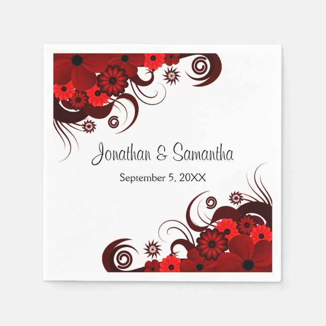 Rotes und weißes, florales Gotisches Hochzeitspapi Serviette (Vorderseite)