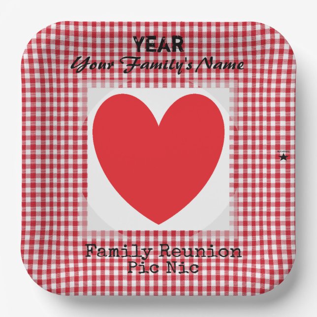 Rotes und weißes Gingham Heart Paper Plate HAMbyWG Pappteller (Vorderseite)