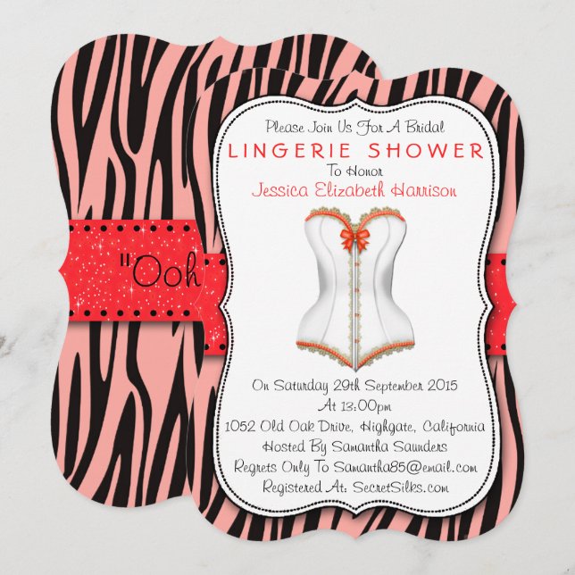 Rotes und weißes Korsett auf Zebra Print Lingerie  Einladung (Vorne/Hinten)