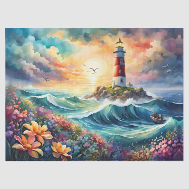 Rotes und weißes Leuchtturm Blumengarten Stormy Se Seidenpapier (Vorderseite)
