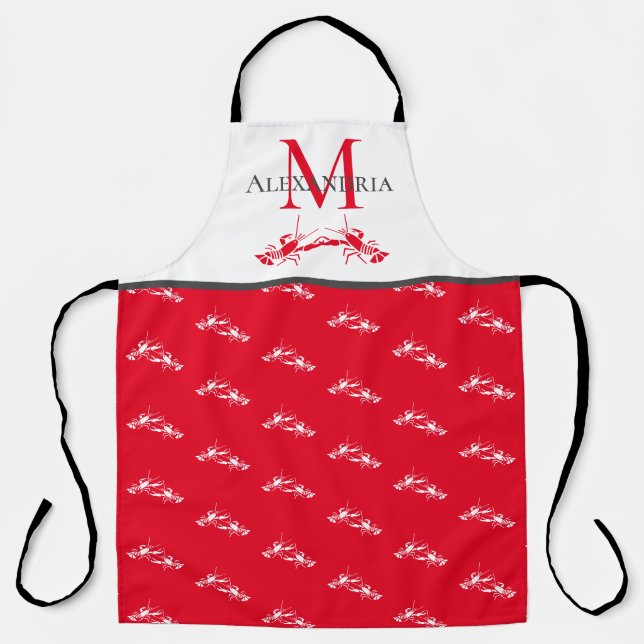 Rotes und weißes Monogramm Name Hummer Muster Schürze (Vorderseite)