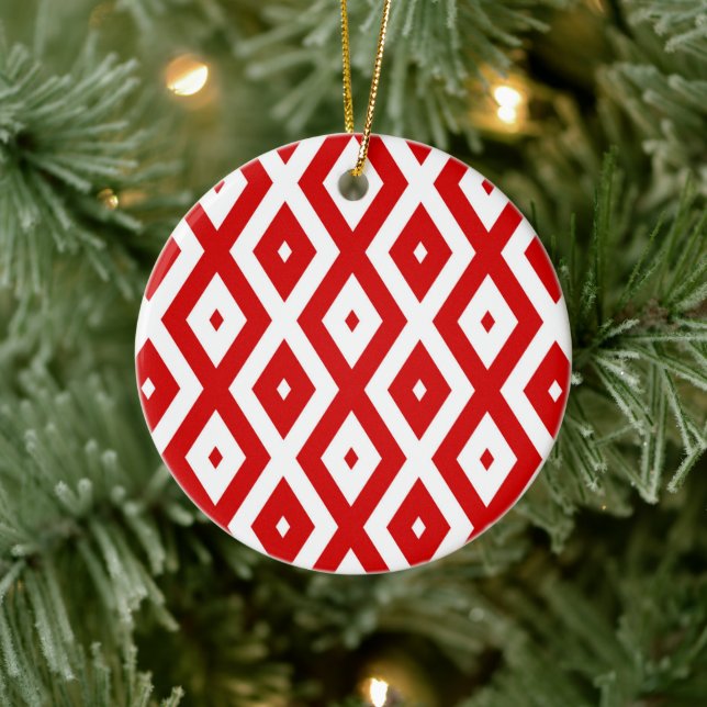 Rotes und weißes Rautenmuster Keramik Ornament (Baum)