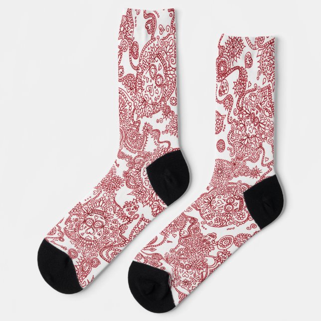 Rotes und weißes Schädelmuster Socken (Linkes Detail)