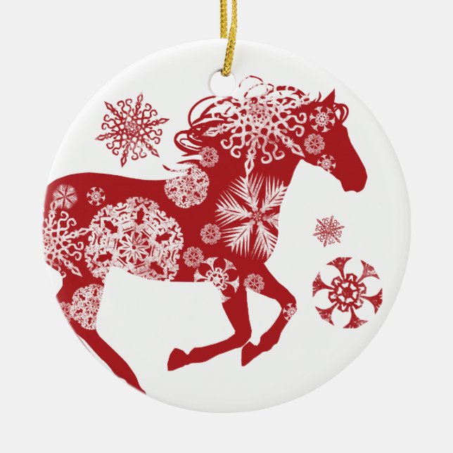 Rotes und weißes Schneeflocken Weihnachtspferd Keramikornament (Vorne)