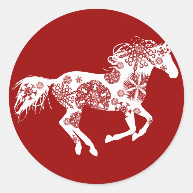 Rotes und weißes Schneeflocken Weihnachtspferd Runder Aufkleber (Vorderseite)