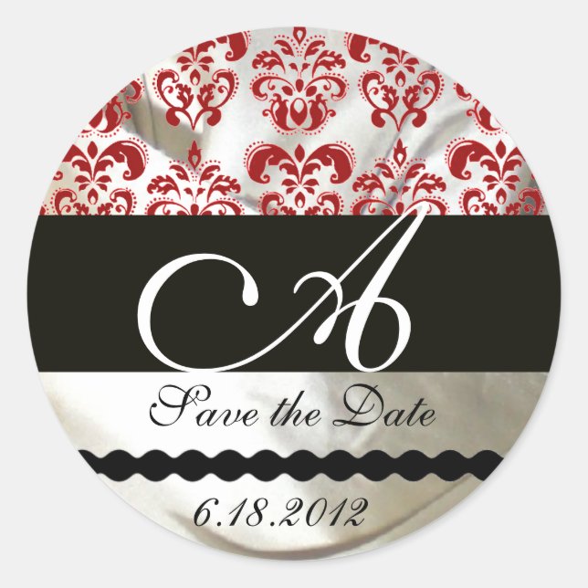 ROTES UND WEISSES SILK-DAMASK-KLOSTEMONOGRAM RUNDER AUFKLEBER (Vorderseite)