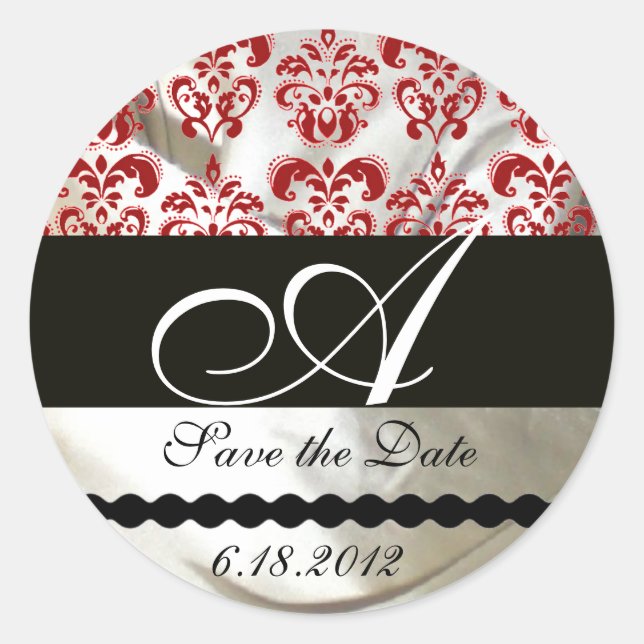 ROTES UND WEISSES SILK-DAMASK-KLOSTEMONOGRAM RUNDER AUFKLEBER (Vorderseite)