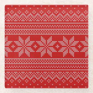 Rotes und weißes Weihnachtsstrickmuster Glasuntersetzer