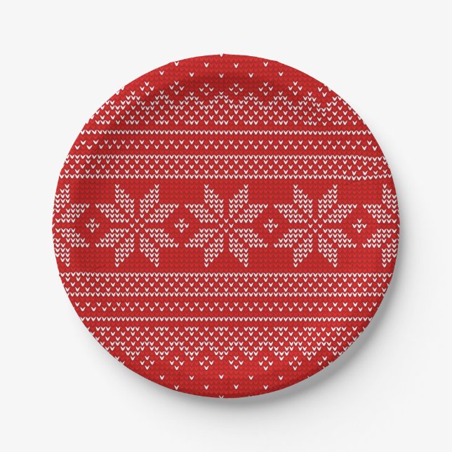 Rotes und weißes Weihnachtsstrickmuster Pappteller (Vorderseite)