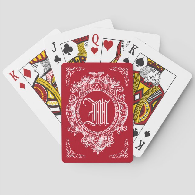 Rotes verziertes barockes Monogramm Spielkarten (Rückseite)