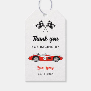 Rotes Vintage-Rennauto Danke-Sag-D Geburtstag Geschenkanhänger