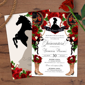 Rotes Wappen Charro Western Rose Floral Quinceaner Einladung