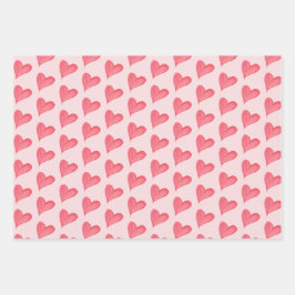 Rotes Wasserfarbenherz, rosa Punkte, weiß Geschenkpapier Set