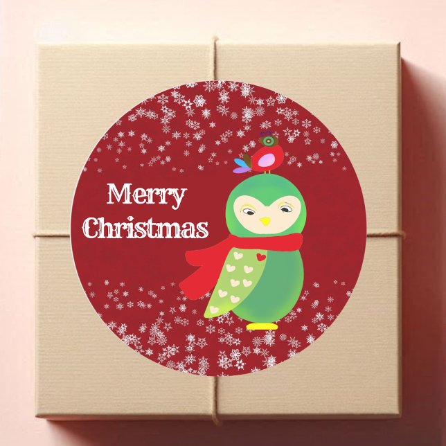 Rotes Weihnachts-Grün-Party-Handwerk für Kinder Runder Aufkleber (Kid's Red Merry Christmas Green Owl Party Crafts Classic Round Sticker)
