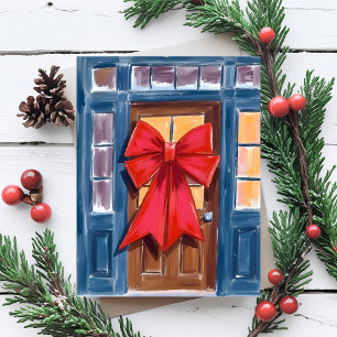 Rotes Weihnachts-Schleifen-Türkränze Aquarell Feiertagspostkarte