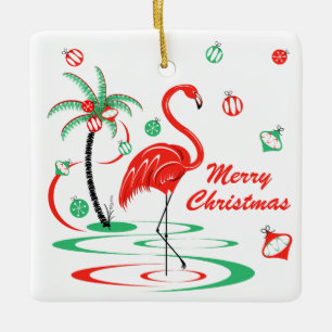 Rotes Weihnachtsflamingo-Flitter-Weihnachtsquadrat Keramikornament