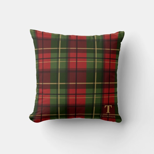Rotes Weihnachtskariert mit Monogramm und Nachname Kissen (Vorderseite)