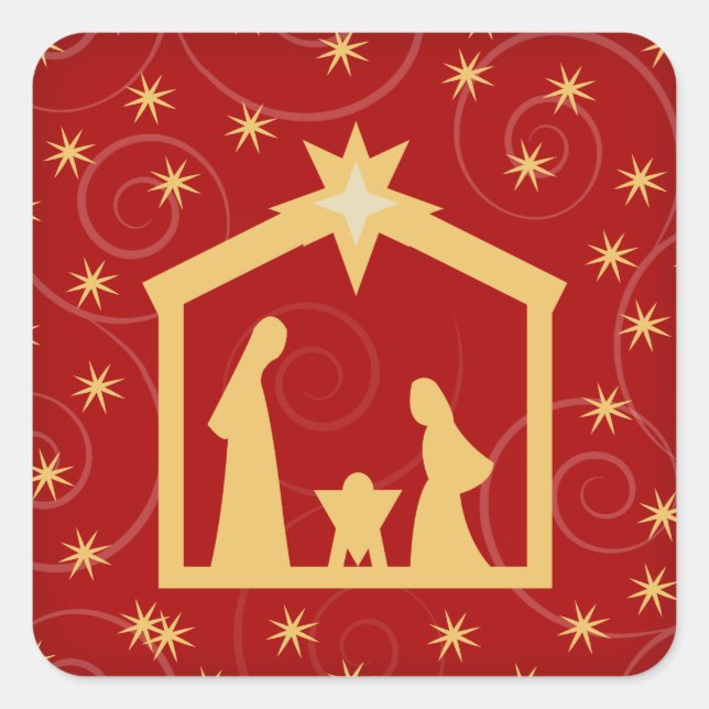 Rotes Weihnachtskrippen Quadratischer Aufkleber (Vorderseite)