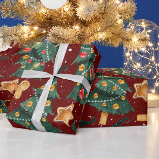Rotes Weihnachtspapier mit Weihnachtsbäumen Geschenkpapier