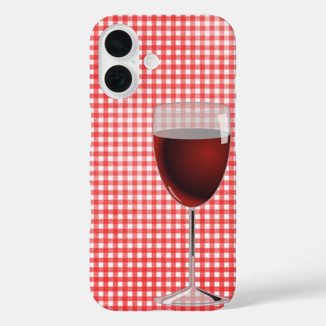 Rotes Weinglas auf Gingham iPhone 16 Hülle (Rückseite)