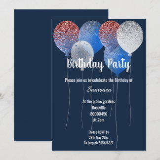 ROTES WEISS & NAVY BLAUE BIRTHDAY BALLOON EINLADUNG