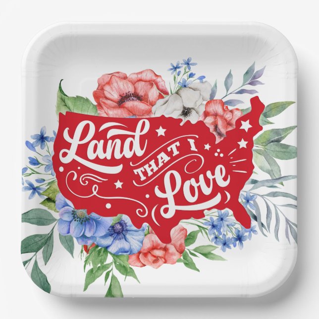 Rotes Weiß und Blau Blumen Land, dass ich Liebe Pappteller (Vorderseite)