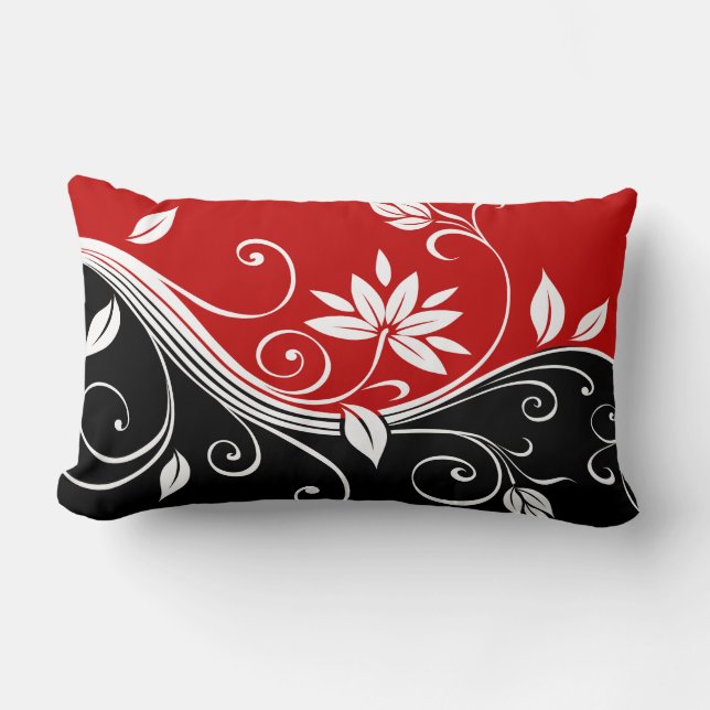 Rotes Weiß und Schwarze Blüten Lendenkissen (Vorderseite)