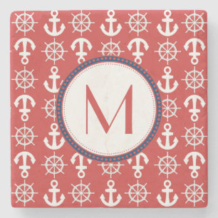 Rotes weißes blaues Seeanker-Rad-Monogramm Steinuntersetzer