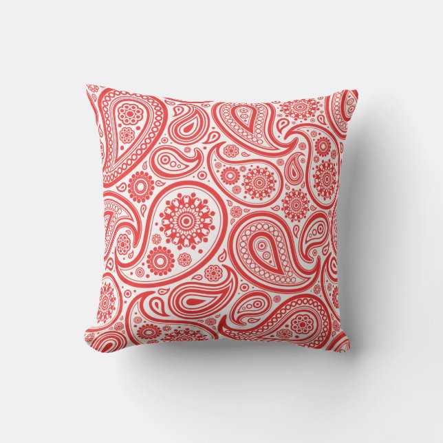 Rotes weißes Blumenpaisley-Muster Kissen (Vorderseite)