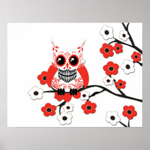 Rotes weißes Kirschblüten-Eulen-Plakat Poster