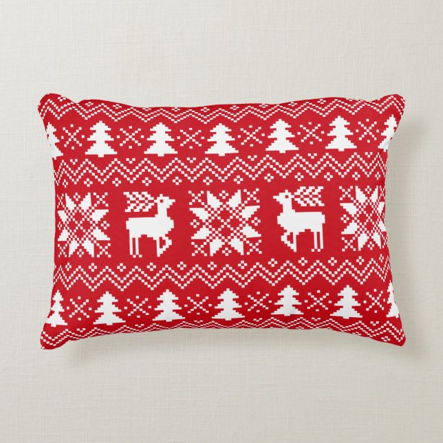 Rotes weißes nordisches Weihnachtswinter-Muster Dekokissen (Vorderseite)