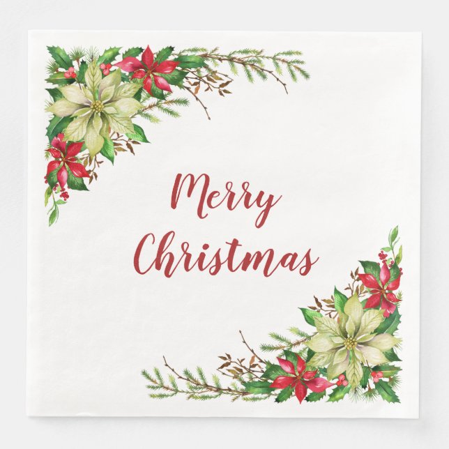 Rotes Weißes Poinsettia Weihnachten Serviette (Vorderseite)
