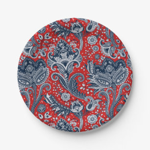 Rotes weißes u. blaues Blumenpaisley Bohemisches Pappteller