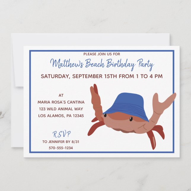 Rotes, weißes und blaues Cartoon Crab Beach Party Einladung (Vorderseite)