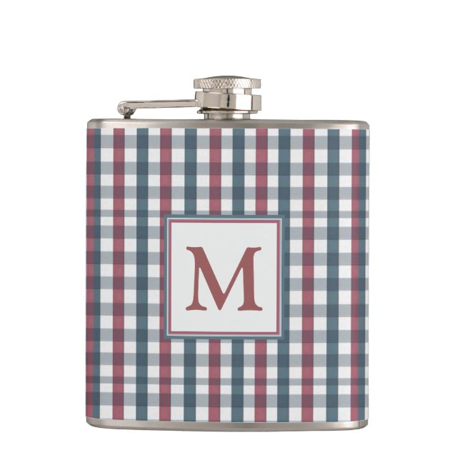 Rotes, Weißes und Blaues Karo-Monogramm Flachmann (Vorderseite)