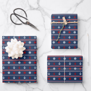 rotes weißes und blaues Nautikmuster Geschenkpapier Set
