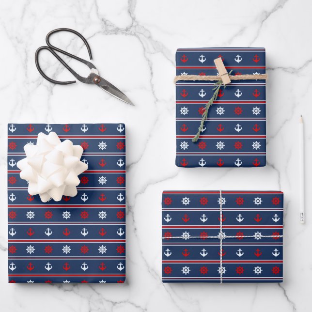 rotes weißes und blaues Nautikmuster Geschenkpapier Set (Vorderseite)