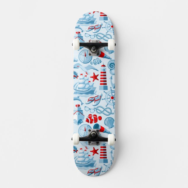 Rotes weißes und blaues nautischmuster skateboard (Vorderseite)