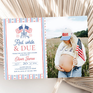 Rotes, Weißes und Fällig 4. Juli Baby Shower Foto Einladung