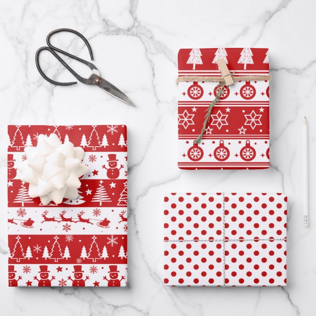 Rotes Weißes Weihnachtswrapping-Papier Geschenkpapier Set (Vorderseite)